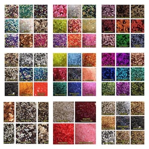 May include: A collection of glitter samples in a grid, displaying a range of colours such as green, blue, red, and gold. Each sample is in a small square, highlighting the different textures and shades of the glitter.