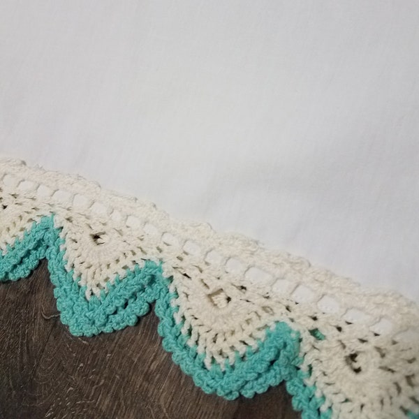 Travel ~ Baby pillowcase, Vintage white  with aqua crochet lace edged