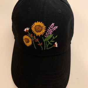 Sunflower, hand embroidered  Black hat