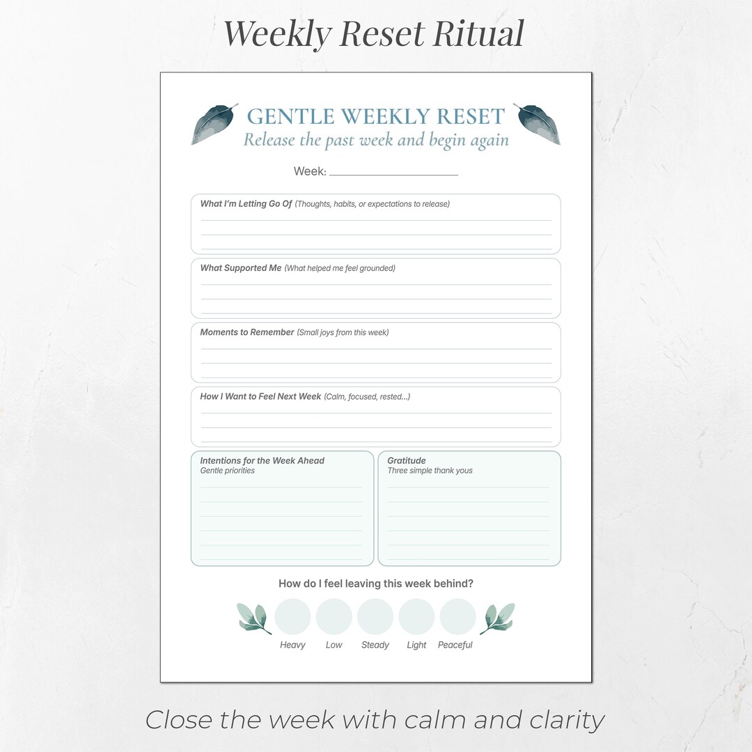 Gentle Weekly Reset Printable | Self Care Reflection Worksheet | A4 and ...