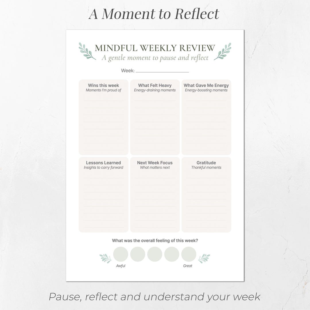 Mindful Weekly Review Printable | Weekly Reflection Worksheet | A4 & US ...