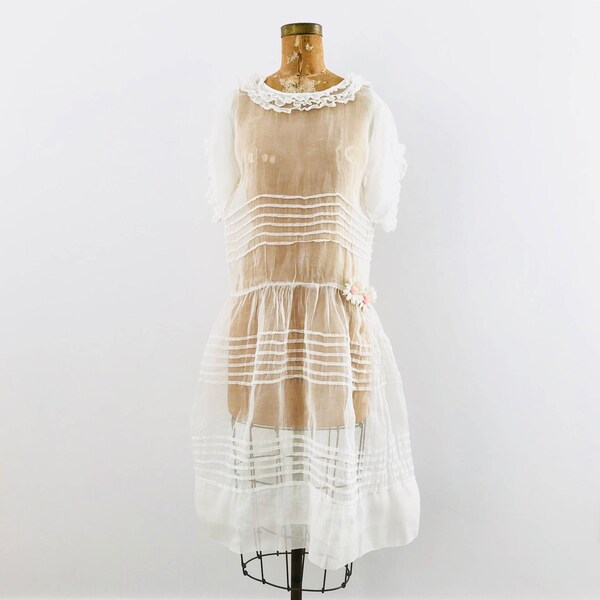 Vintage 1920s Sheer Organza Flapper Dress/Ruffled Collar and Sleeves/Vintage Wedding Dress/Vintage Bridal