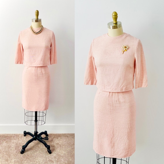 Vintage 1940s Dress Set/ Pastel Pink Color/ Linen