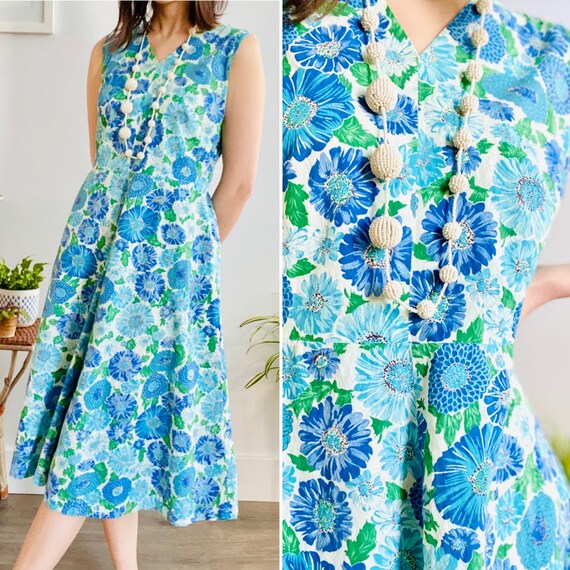 Vintage 1940s cotton floral blue daisies dress