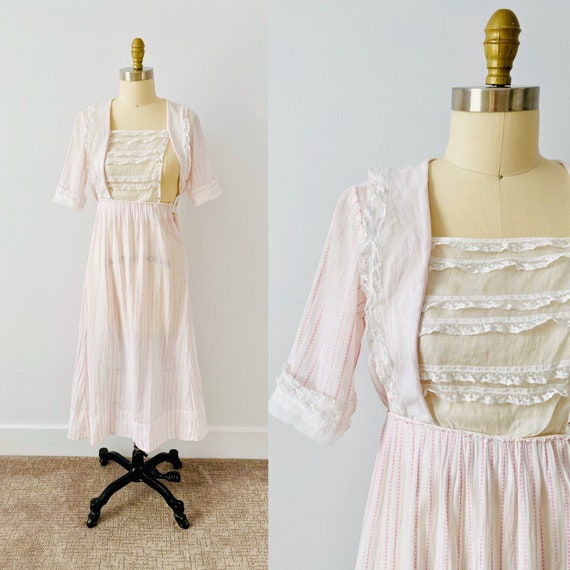 Antique 1910s Dress/ Edwardian Pink Stripped Dress