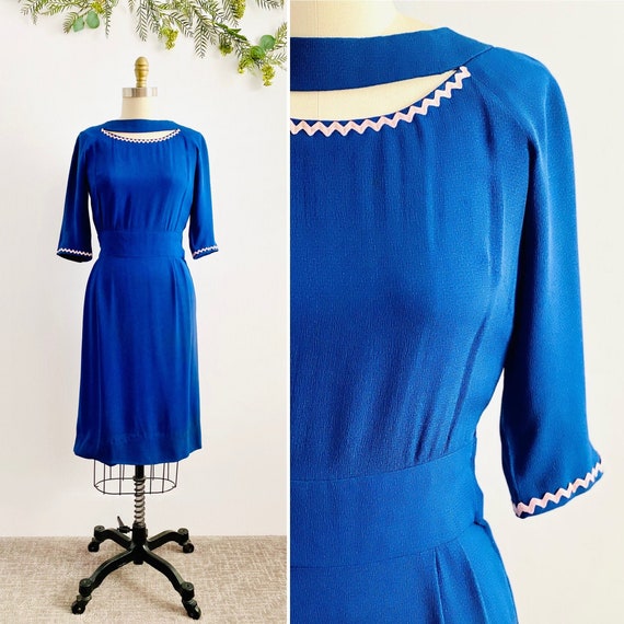 Vintage 1940s Royal Blue Rayon Dress with Cutout N