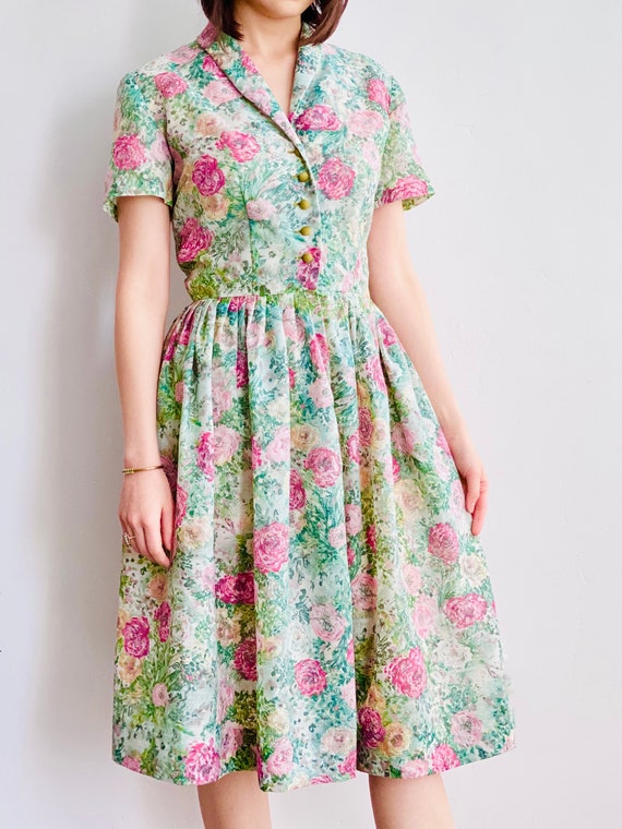 1940s Nelly Don Dress Watercolor Floral Print