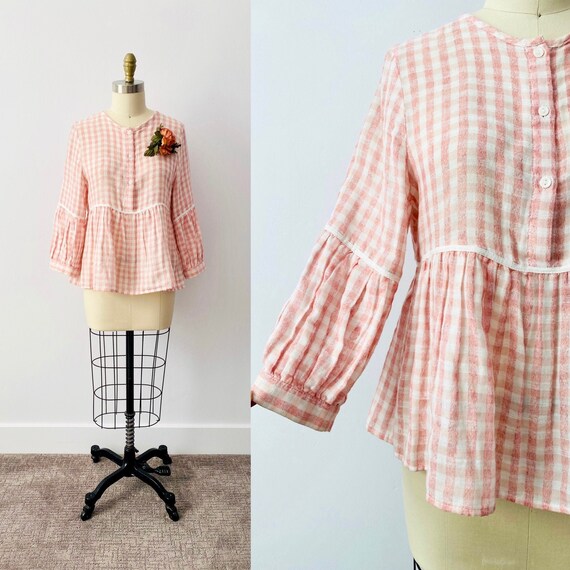 Vintage Pink Gingham Top/ Pastel Pink Blouse/ Chec