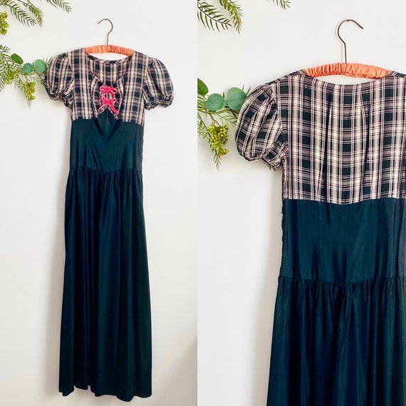 Vintage 1930s Puff Sleeves Taffeta Dress/ Velvet R