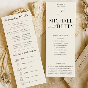 Plantilla minimalista para programa de boda / 10 x 20 cm / Orden de servicio delgada, ceremonia larga imprimible, tarjeta de programa DIY, descarga instantánea