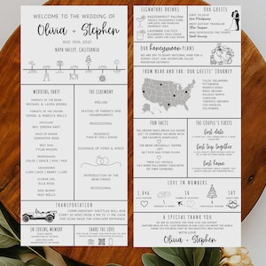 Modelo de programa de casamento infográfico, programa exclusivo de cerimônia de casamento, cartão de programa de cronograma do dia do casamento, programa de infográfico moderno