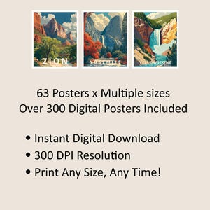 K&ouml;nnte beinhalten: Drei Landschaftsposter mit den Nationalparks Zion, Yosemite und Yellowstone. Jedes Poster hat eine Vintage-Reise&auml;sthetik mit leuchtenden Farben. Der Text auf dem Bild lautet: "63 Poster x Mehrere Gr&ouml;&szlig;en" und "Sofortiger digitaler Download."
