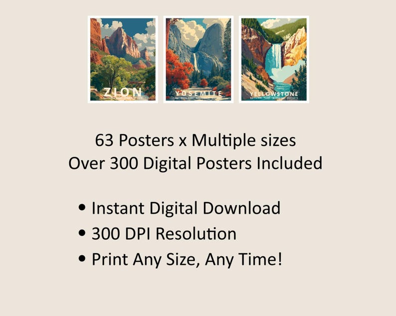 K&ouml;nnte beinhalten: Drei Landschaftsposter mit den Nationalparks Zion, Yosemite und Yellowstone. Jedes Poster hat eine Vintage-Reise&auml;sthetik mit leuchtenden Farben. Der Text auf dem Bild lautet: "63 Poster x Mehrere Gr&ouml;&szlig;en" und "Sofortiger digitaler Download."