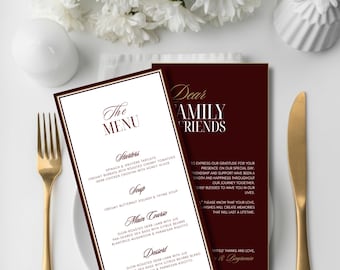Alte Geldhochzeit Menü Vorlage | Bearbeitbare Canva druckbare, Vintage elegante Aufnahme Abendessen Menü & Tischkarte