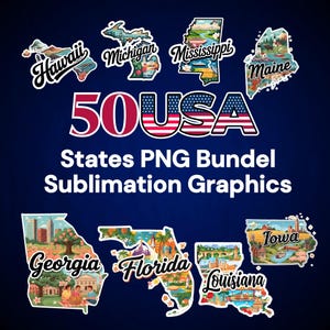 USA State Map PNG Bundle, 50 Bundesstaaten hochauflösende Clipart für Sublimation & Cricut Crafts, druckbare digitaler Download