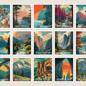 K&ouml;nnte beinhalten: Eine Sammlung von f&uuml;nfzehn Reiseplakaten im Vintage-Stil mit Landschaften von Nationalparks. Jedes Poster zeigt einen anderen Park, darunter Joshua Tree, Isle Royale und Hawaii Volcanoes, mit leuchtenden Farben und stilisierten Illustrationen.