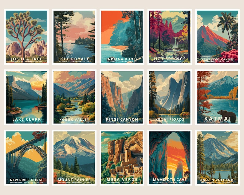 K&ouml;nnte beinhalten: Eine Sammlung von f&uuml;nfzehn Reiseplakaten im Vintage-Stil mit Landschaften von Nationalparks. Jedes Poster zeigt einen anderen Park, darunter Joshua Tree, Isle Royale und Hawaii Volcanoes, mit leuchtenden Farben und stilisierten Illustrationen.