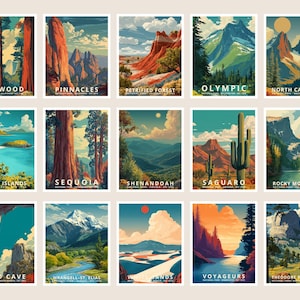 K&ouml;nnte beinhalten: Eine Sammlung von f&uuml;nfzehn Reiseplakaten im Vintage-Stil mit Landschaften von Nationalparks. Jedes Poster zeigt einen anderen Park, darunter Redwood, Pinnacles und Olympic, mit leuchtenden Farben und stilisierten Illustrationen. Die Poster haben die Parknamen unten.
