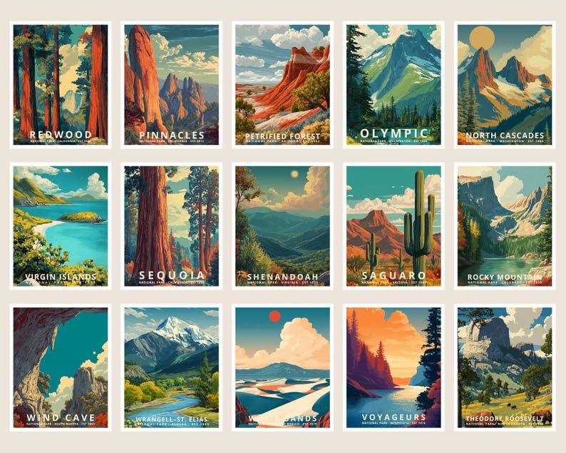 K&ouml;nnte beinhalten: Eine Sammlung von f&uuml;nfzehn Reiseplakaten im Vintage-Stil mit Landschaften von Nationalparks. Jedes Poster zeigt einen anderen Park, darunter Redwood, Pinnacles und Olympic, mit leuchtenden Farben und stilisierten Illustrationen. Die Poster haben die Parknamen unten.