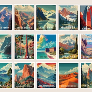 K&ouml;nnte beinhalten: Eine Sammlung von f&uuml;nfzehn Reiseplakaten im Vintage-Stil mit Landschaften von Nationalparks. Jedes Poster zeigt einen anderen Park, darunter Grand Teton, Grand Canyon und Glacier Bay, mit leuchtenden Farben und stilisierten Illustrationen von Bergen, Canyons und anderen Naturmerkmalen.