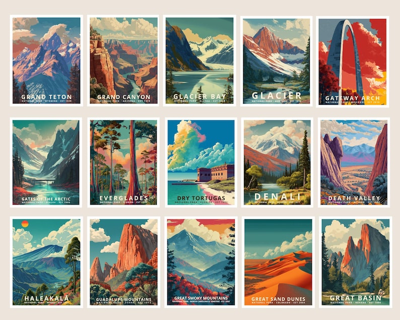K&ouml;nnte beinhalten: Eine Sammlung von f&uuml;nfzehn Reiseplakaten im Vintage-Stil mit Landschaften von Nationalparks. Jedes Poster zeigt einen anderen Park, darunter Grand Teton, Grand Canyon und Glacier Bay, mit leuchtenden Farben und stilisierten Illustrationen von Bergen, Canyons und anderen Naturmerkmalen.