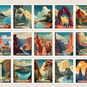 K&ouml;nnte beinhalten: Eine Sammlung von 15 Reiseplakaten im Vintage-Stil mit Nationalparks. Jedes Poster zeigt eine einzigartige Landschaft mit leuchtenden Farben und Text zur Identifizierung des Parks, darunter Acadia, Arches und Carlsbad Caverns.