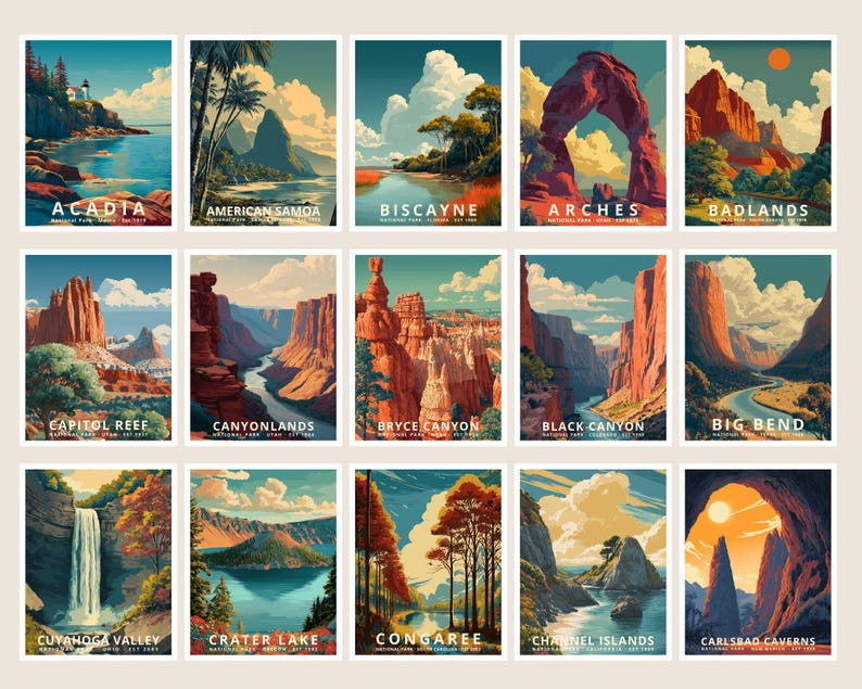 K&ouml;nnte beinhalten: Eine Sammlung von 15 Reiseplakaten im Vintage-Stil mit Nationalparks. Jedes Poster zeigt eine einzigartige Landschaft mit leuchtenden Farben und Text zur Identifizierung des Parks, darunter Acadia, Arches und Carlsbad Caverns.