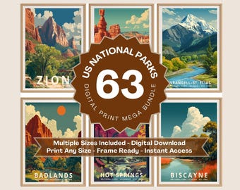May include: A collection of six framed art prints featuring vintage-style illustrations of U.S. National Parks. The prints showcase landscapes from Zion, Wrangell-St. Elias, Badlands, Hot Springs, and Biscayne National Parks. A central graphic reads "US National Parks 63 Digital Print Mega Bundle."