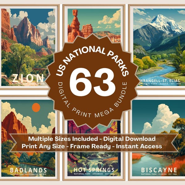 63 National Parks Vintage Poster Bundle, US Parks Wall Art, Retro Printable Travel Decor, Digital Download, Adventure Gift