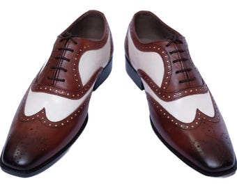 Handmade Brown & White Leather Wingtip Spectator Shoes – Lace-Up Oxfords