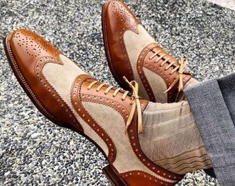Handmade Suede Leather Wingtip Spectator Shoes – Brown Beige Oxfords