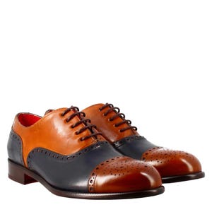Men’s Brown & Blue Leather Brogue Cap Toe Oxford Shoes – The Cavanaugh – Luxury Lace-Up Formal Dress Shoes – Men&#39;s Elegant Handmade Shoes