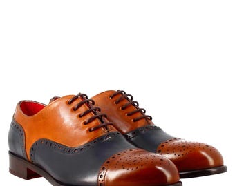 Men's Handmade Brown & Blue Leather Brogue Oxford Shoes