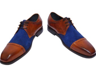 Handmade Blue Suede & Brown Leather Oxfords – Men’s Dress Shoes