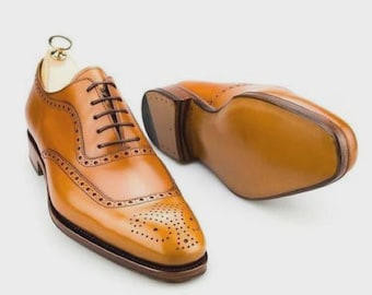 Handmade Tan Brown Leather Oxford Brogue Shoes
