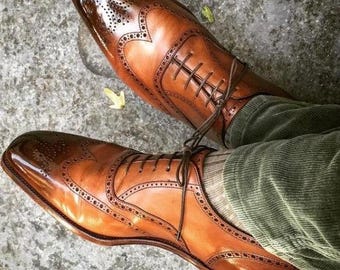 Handmade Brown Patina Leather Wingtip Oxfords – Men's Brogue Shoes