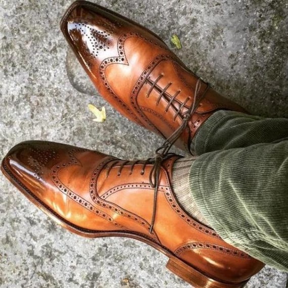 Handmade Brown Patina Leather Wingtip Oxfords – Men's Brogue Shoes