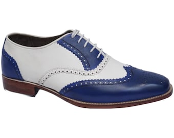 Handmade Blue & White Leather Spectator Shoes – Wingtip Oxford Dress Shoes