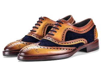 Handmade Tan & Navy Suede Leather Wingtip Oxford Brogue Shoes