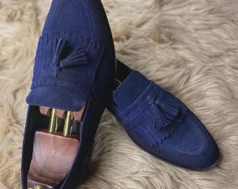 Mocasines de ante azul marino hechos a mano con borlas – Zapatos de vestir formales para hombre