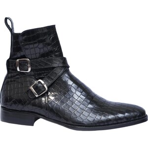 Men's Black Alligator Texture Leather Jodhpur Boots | Hand-stitched Formal Dress Boots