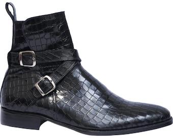 Men's Black Alligator Texture Leather Jodhpur Boots | Hand-stitched Formal Dress Boots