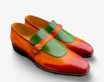 Handmade Men's Green & Tan Patina Leather Monkstrap Loafers – The Beck – Luxury Dress Shoes