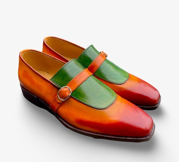 Handmade Men's Green & Tan Patina Leather Monkstrap Loafers – The Beck – Luxury Dress Shoes