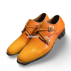 Men’s Tan Yellow Patina Leather Cross Monk Shoes – The Tilden – Handmade Luxury Dress Shoes, Unique Vintage Style, Formal & Casual Footwear