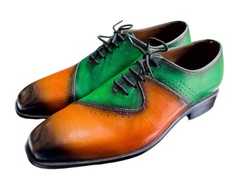 Handmade Patina Leather Oxfords – Green & Brown Brogue Dress Shoes