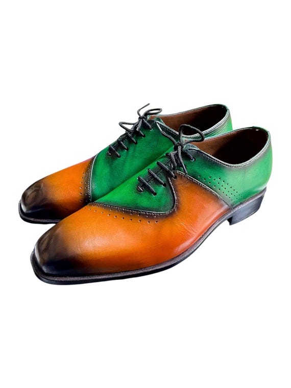 Handmade Patina Leather Oxfords – Green & Brown Brogue Dress Shoes