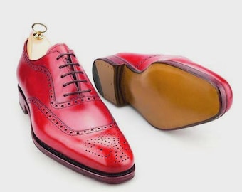Handmade Red Leather Oxford Brogue Shoes – Men's Formal Wear