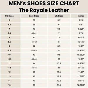 Puede incluir: Una tabla de tallas de zapatos para hombres que muestra las tallas US, UK, Euro y en pulgadas. La tabla est&aacute; titulada "Men's Shoes Size Chart The Royale Leather".