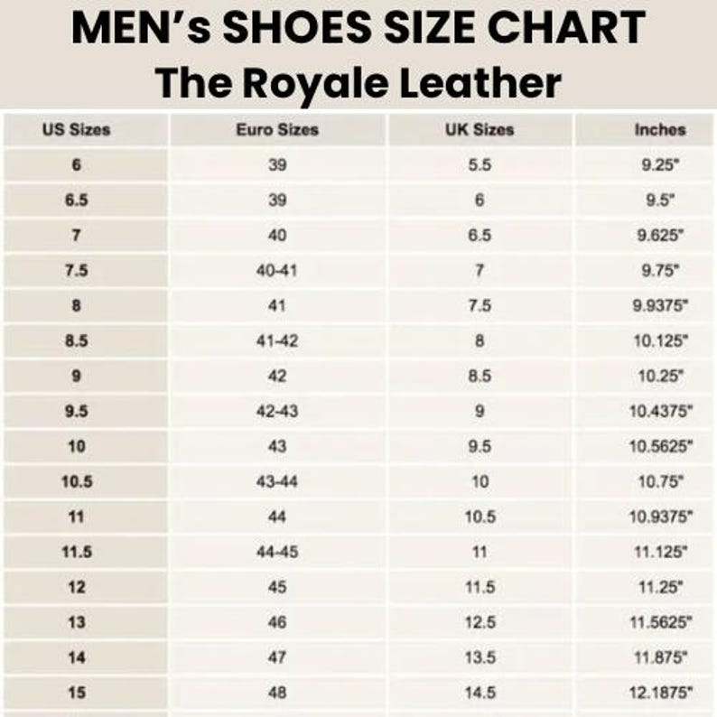 Puede incluir: Una tabla de tallas de zapatos para hombres que muestra las tallas US, UK, Euro y en pulgadas. La tabla est&aacute; titulada "Men's Shoes Size Chart The Royale Leather".